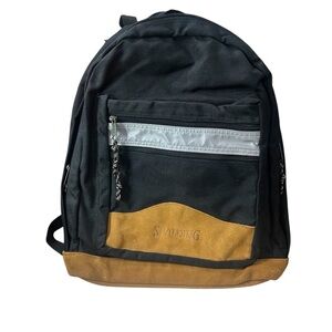 SPALDING Black & Brown Leather Men's Backpack Zip Close Bag Student Bag Backpack